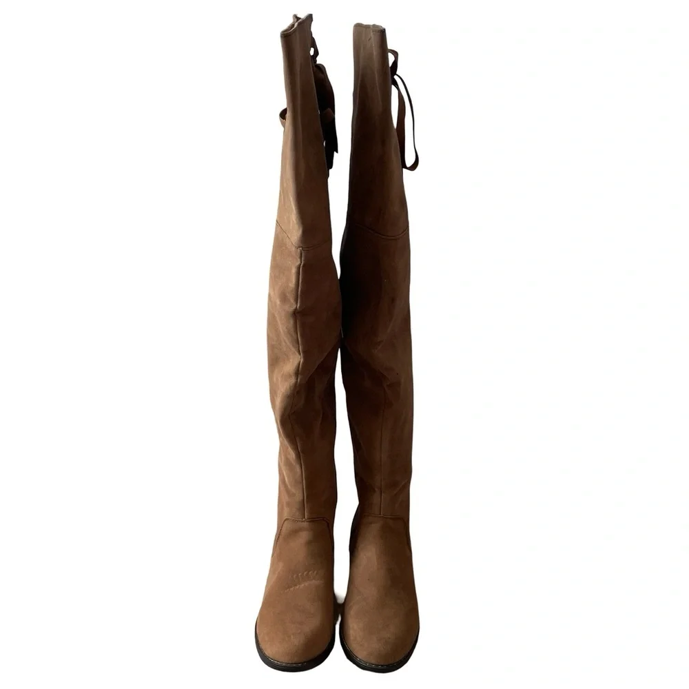 Shoedazzle Malya Taupe Tan Corset Lace Up Thigh High Boots Size 6.5